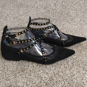 Jeffrey Campbell Volatile Ankle Strap Pointed Toe Black Leather Flats Size 6.5